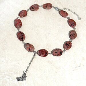 Black Pink Rhodonite Short Lariat Necklace, Gemstone & Cat Person Paw Print